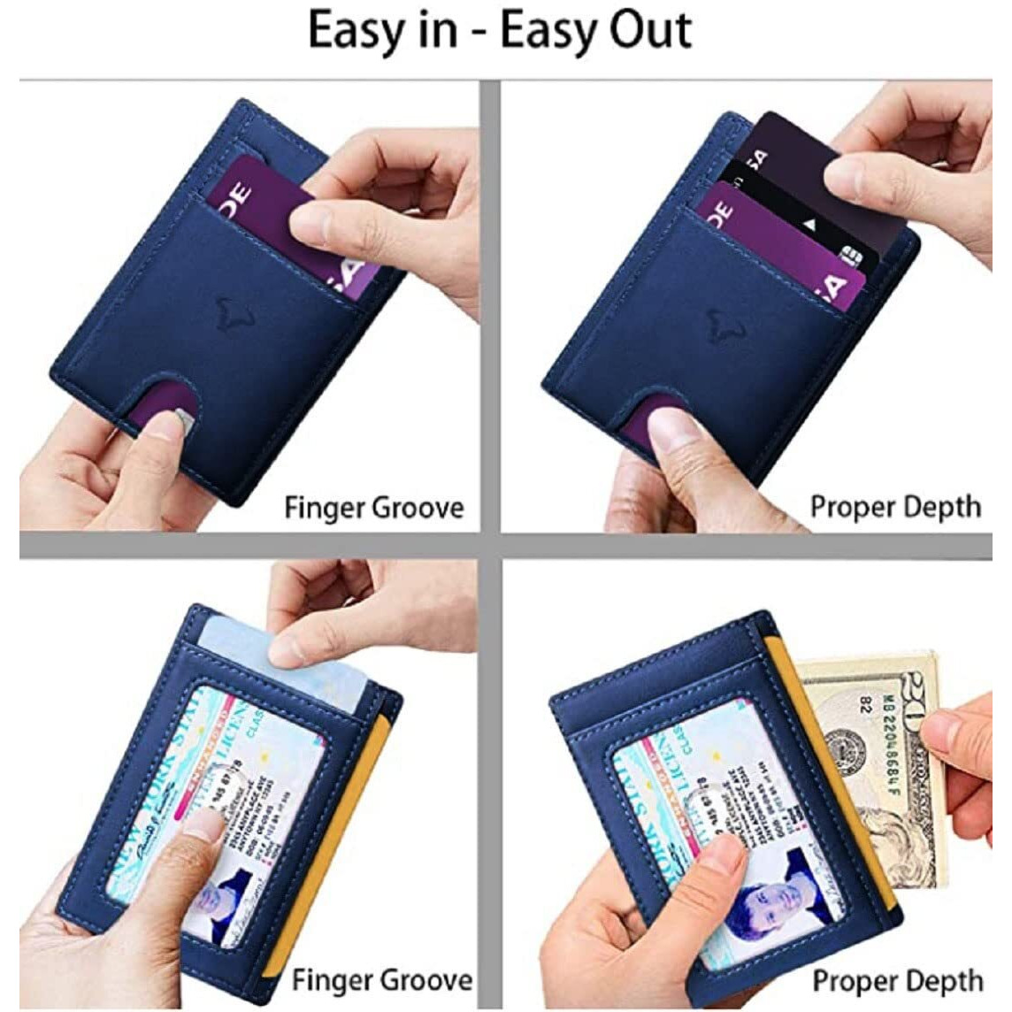 Contacts Genuine Leather Slim Wallet | Rfid Blocking Skinny Minimal Thin Front Pocket Wallet Sleeve Card Holder For Men | 7 Card Slots, 1 Id Window (Blue)