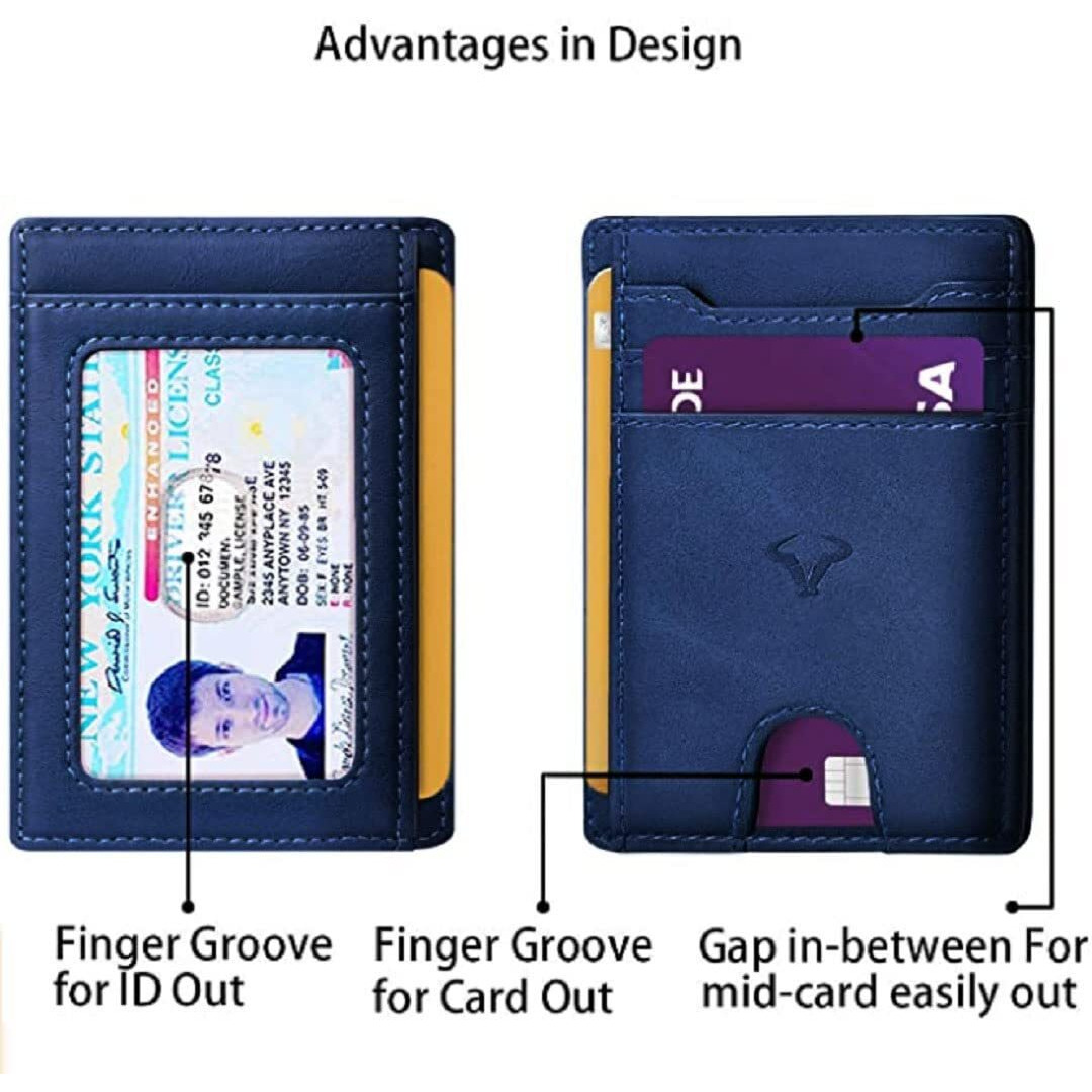 Contacts Genuine Leather Slim Wallet | Rfid Blocking Skinny Minimal Thin Front Pocket Wallet Sleeve Card Holder For Men | 7 Card Slots, 1 Id Window (Blue)