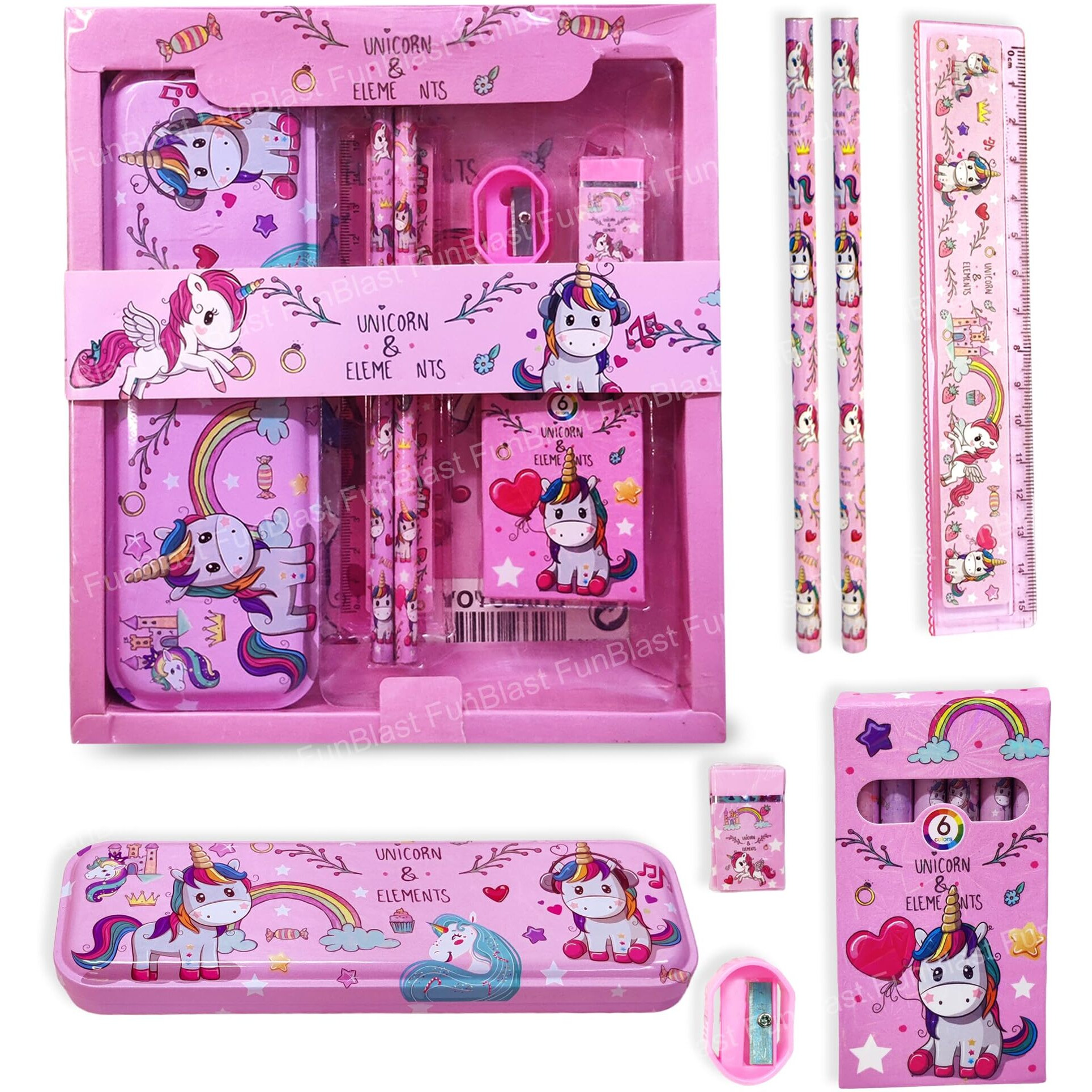 Funblast Unicorn Stationary Kit For Girls Pencil Pen Book Eraser Sharpener - Birthday Gift (Multicolor), Kid