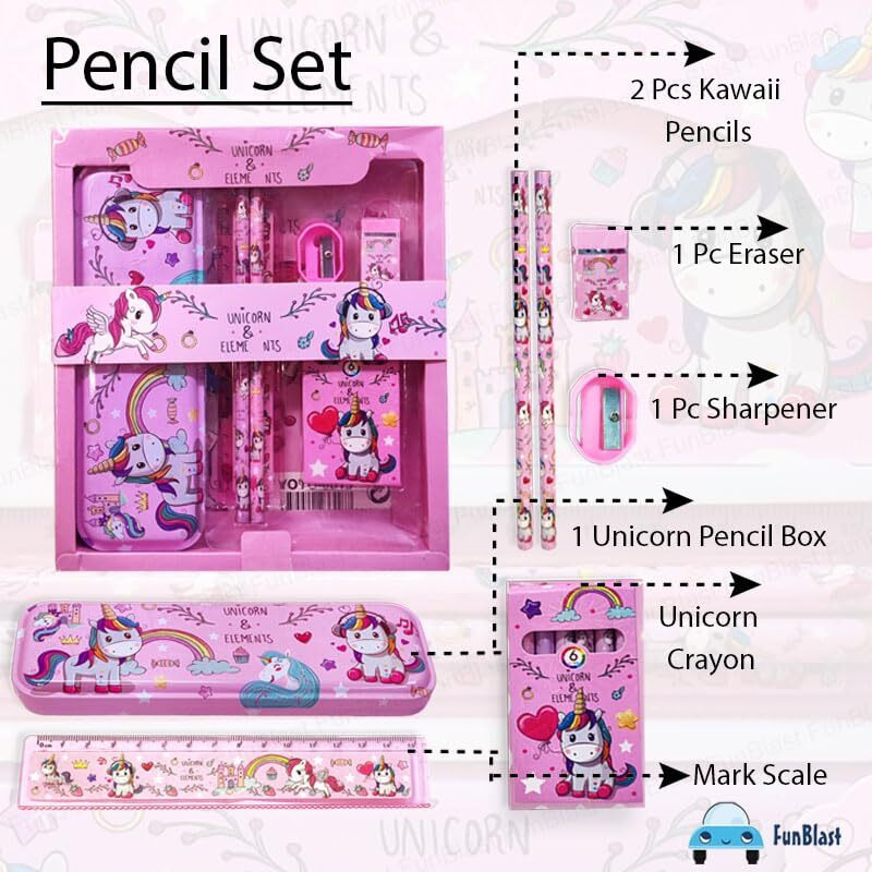 Funblast Unicorn Stationary Kit For Girls Pencil Pen Book Eraser Sharpener - Birthday Gift (Multicolor), Kid