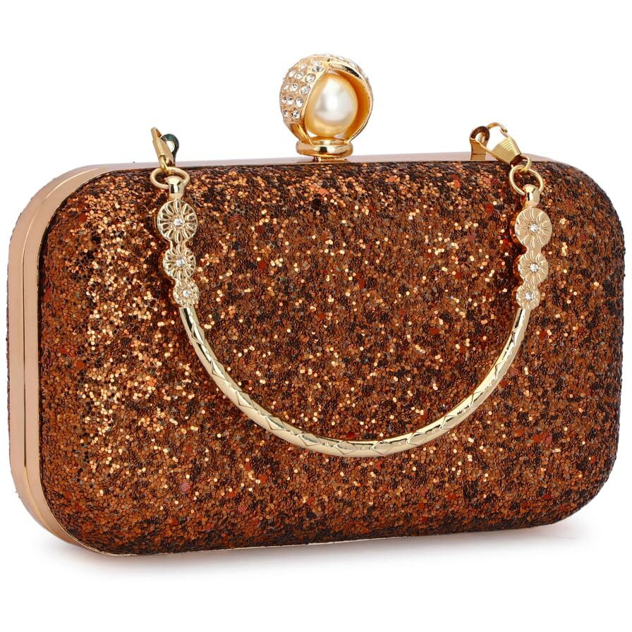 Tooba Women's Handcrafted Beautiful Bling Box Clutch Bag (Copper Pearl)