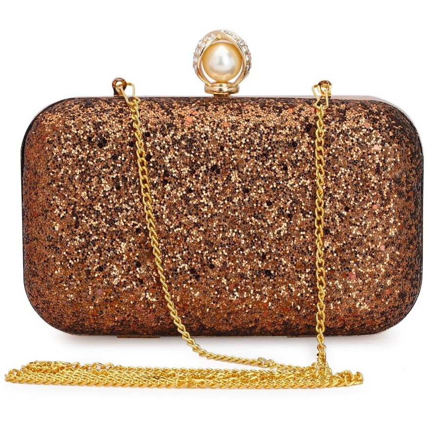 Tooba Women's Handcrafted Beautiful Bling Box Clutch Bag (Copper Pearl)