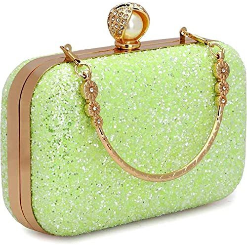 Tooba Women's Handcrafted Beautiful Bling Box Clutch Bag (Fluorescent Green Pearl)