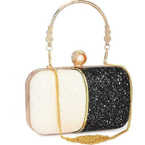 Tooba Women's Handcrafted Beautiful Bling Box Clutch Bag (Black/White Pearl)