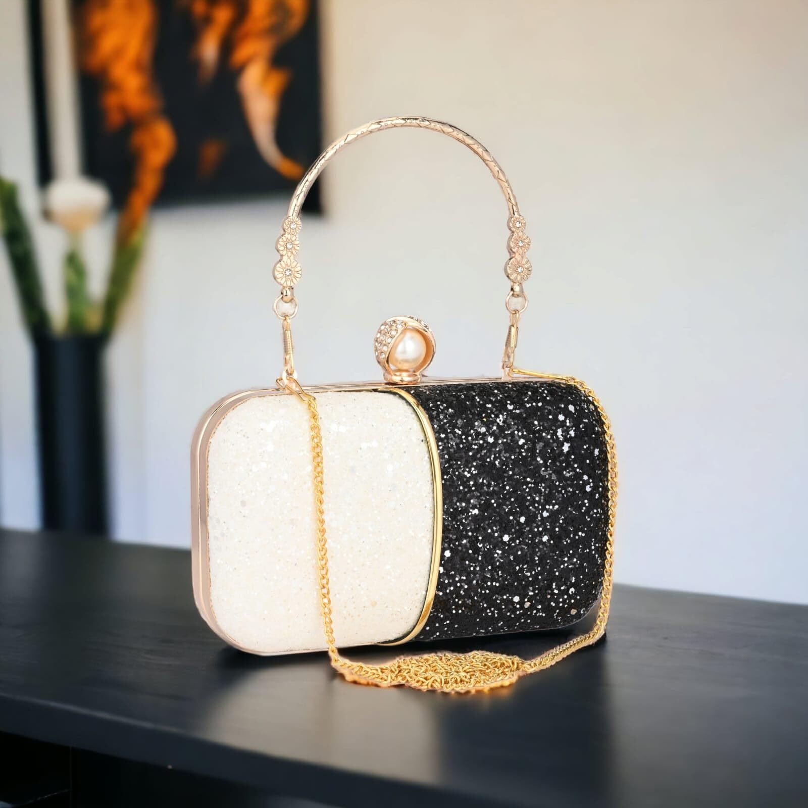 Tooba Women's Handcrafted Beautiful Bling Box Clutch Bag (Black/White Pearl)