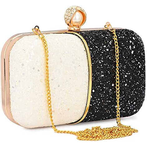 Tooba Women's Handcrafted Beautiful Bling Box Clutch Bag (Black/White Pearl)