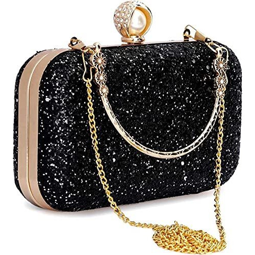 Toobacraft Women's Handcrafted Beautiful Bling Box Clutch Bag (Black/Silver Pearl)