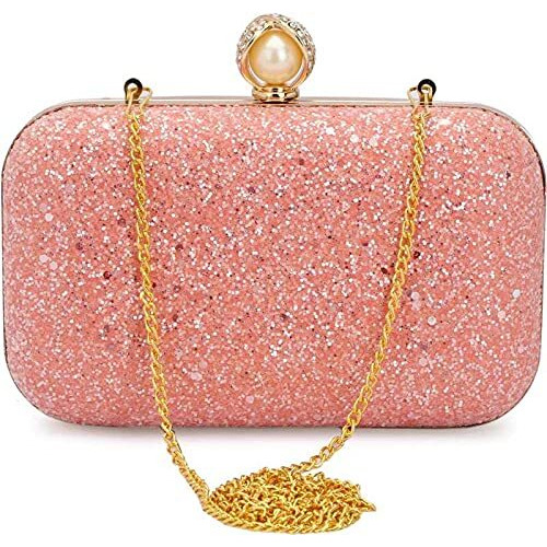 Tooba Women's Handcrafted Beautiful Bling Box Clutch Bag (Pink Pearl)