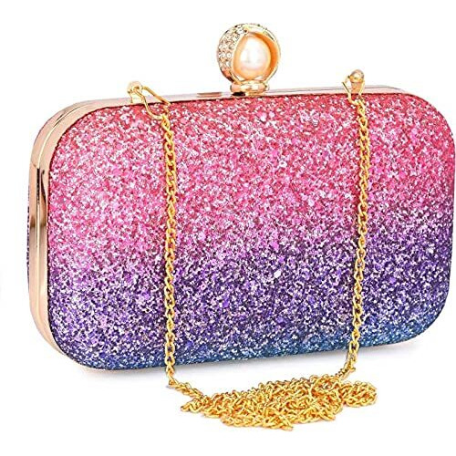 Tooba Women's Handcrafted Beautiful Bling Box Clutch Bag (Multi-Coloured Pearl)
