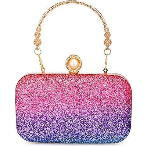 Tooba Women's Handcrafted Beautiful Bling Box Clutch Bag (Multi-Coloured Pearl)