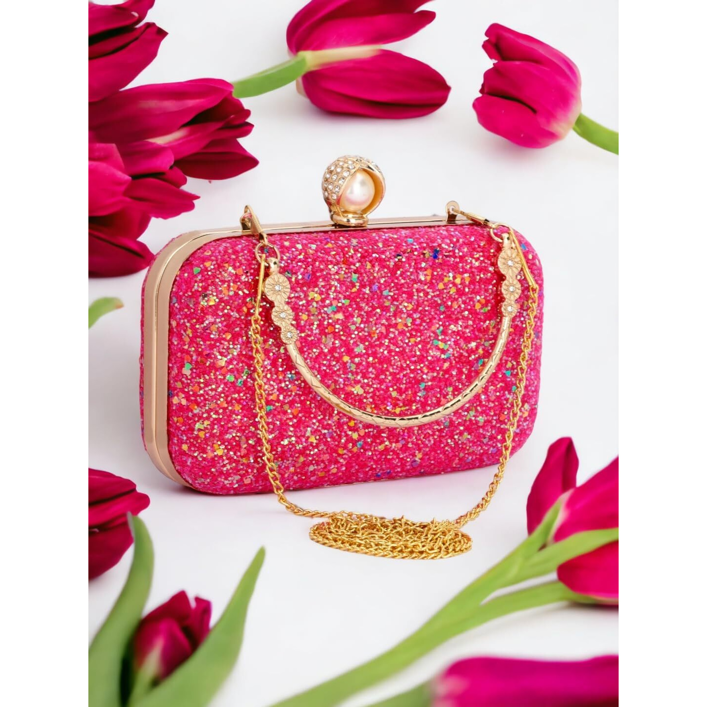 Tooba Women's Handcrafted Beautiful Bling Box Clutch Bag (Light Magenta Pearl)