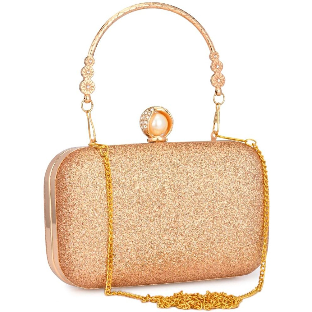 Tooba Women's Handcrafted Beautiful Bling Box Clutch Bag (Rose Gold Pearl)