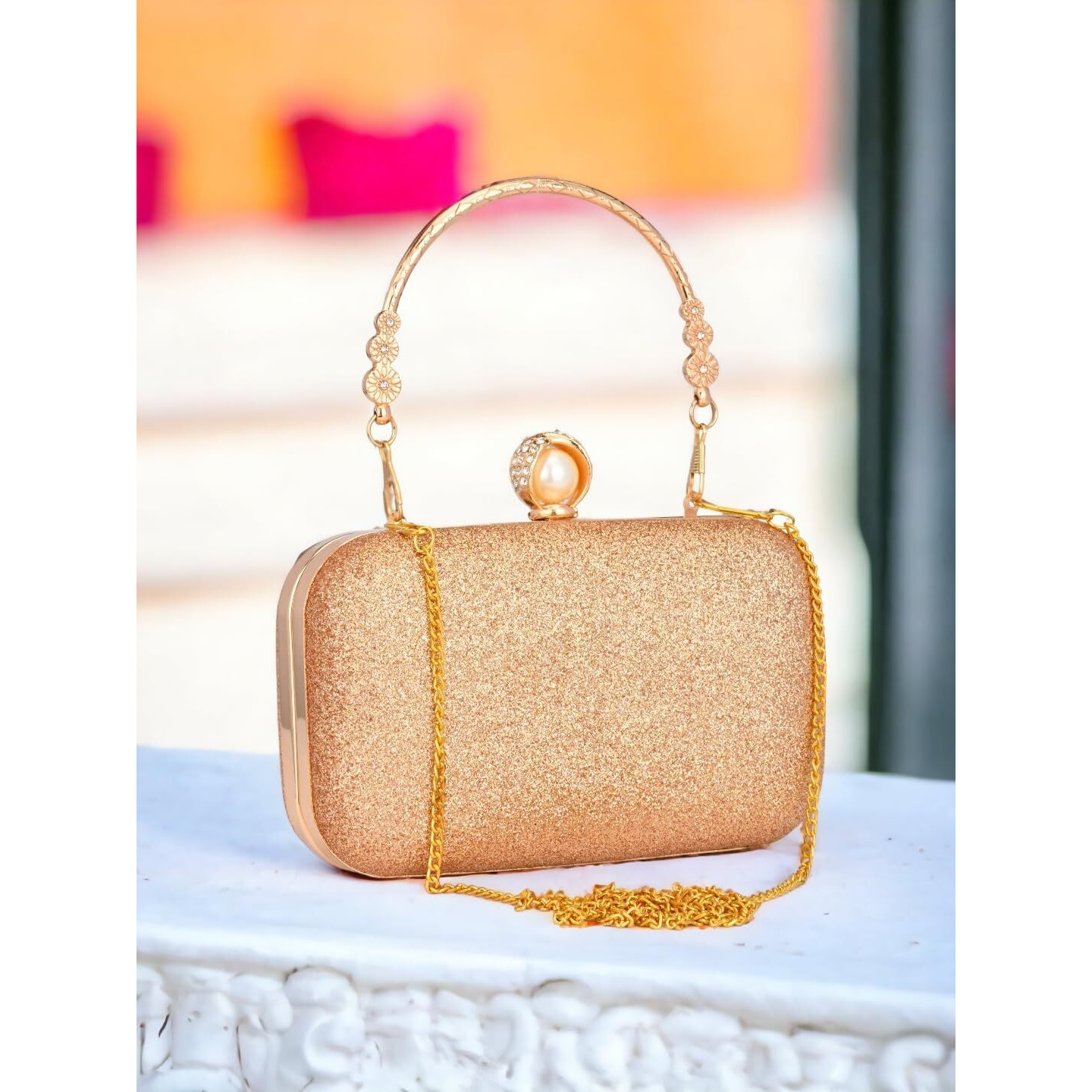 Tooba Women's Handcrafted Beautiful Bling Box Clutch Bag (Rose Gold Pearl)