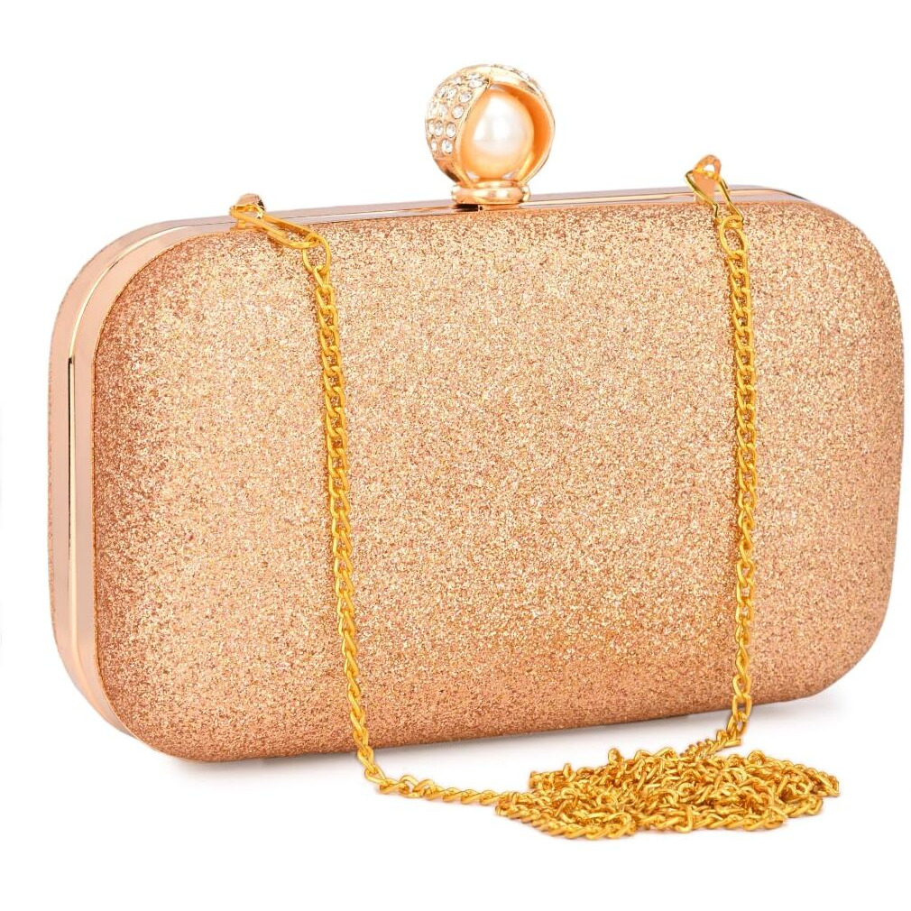 Tooba Women's Handcrafted Beautiful Bling Box Clutch Bag (Rose Gold Pearl)