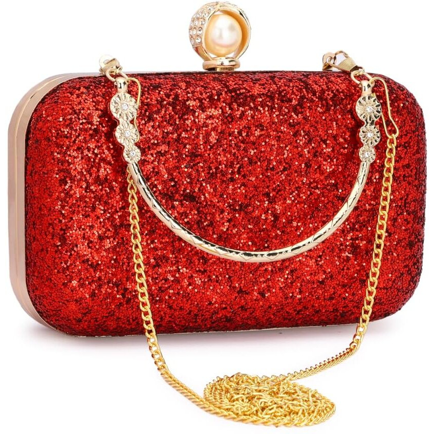 Tooba Women's Handcrafted Beautiful Bling Box Clutch Bag (Red Pearl)