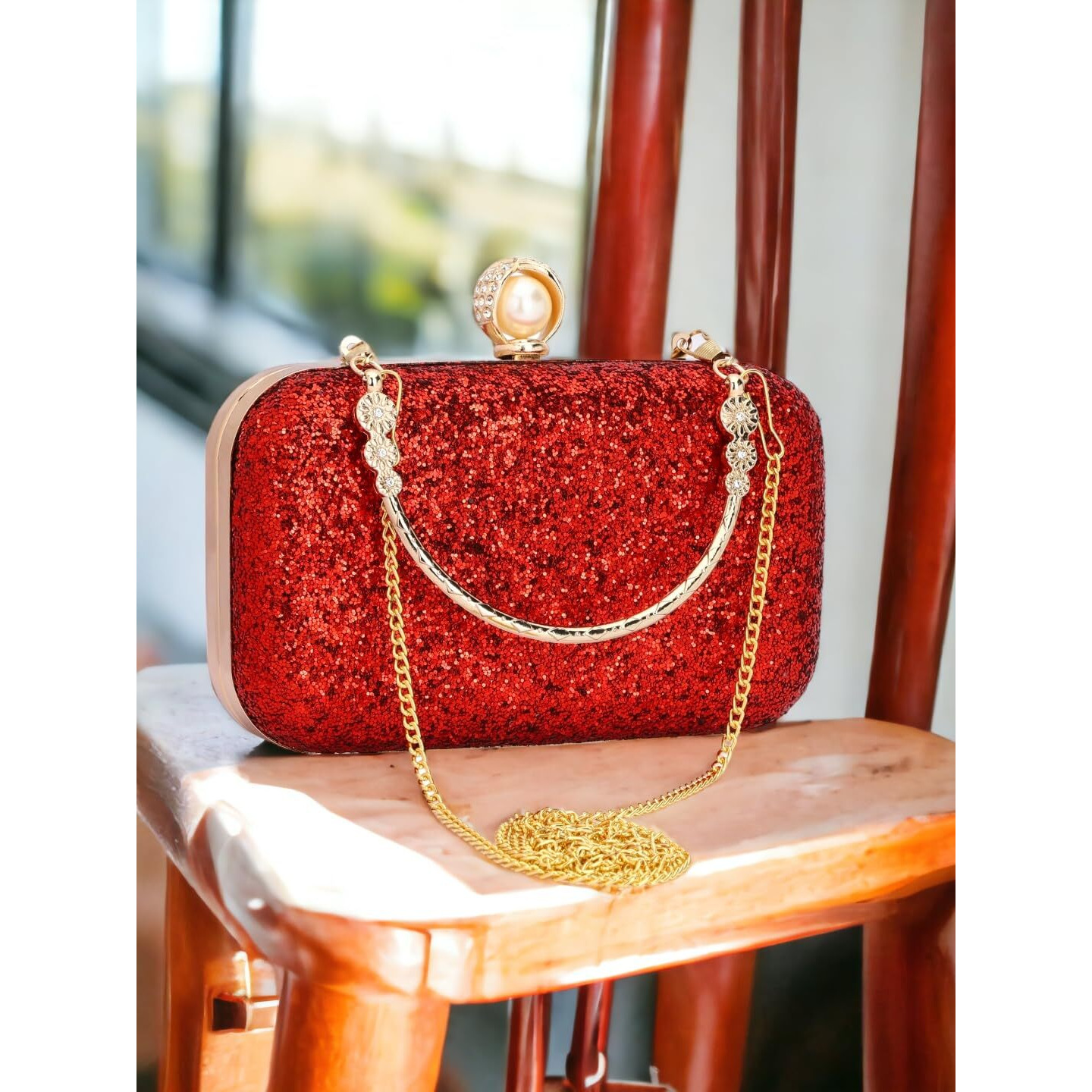 Tooba Women's Handcrafted Beautiful Bling Box Clutch Bag (Red Pearl)