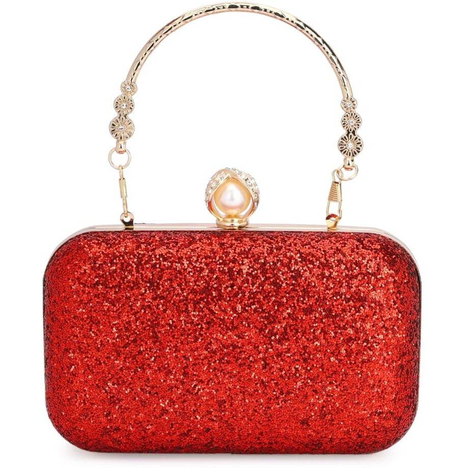 Tooba Women's Handcrafted Beautiful Bling Box Clutch Bag (Red Pearl)