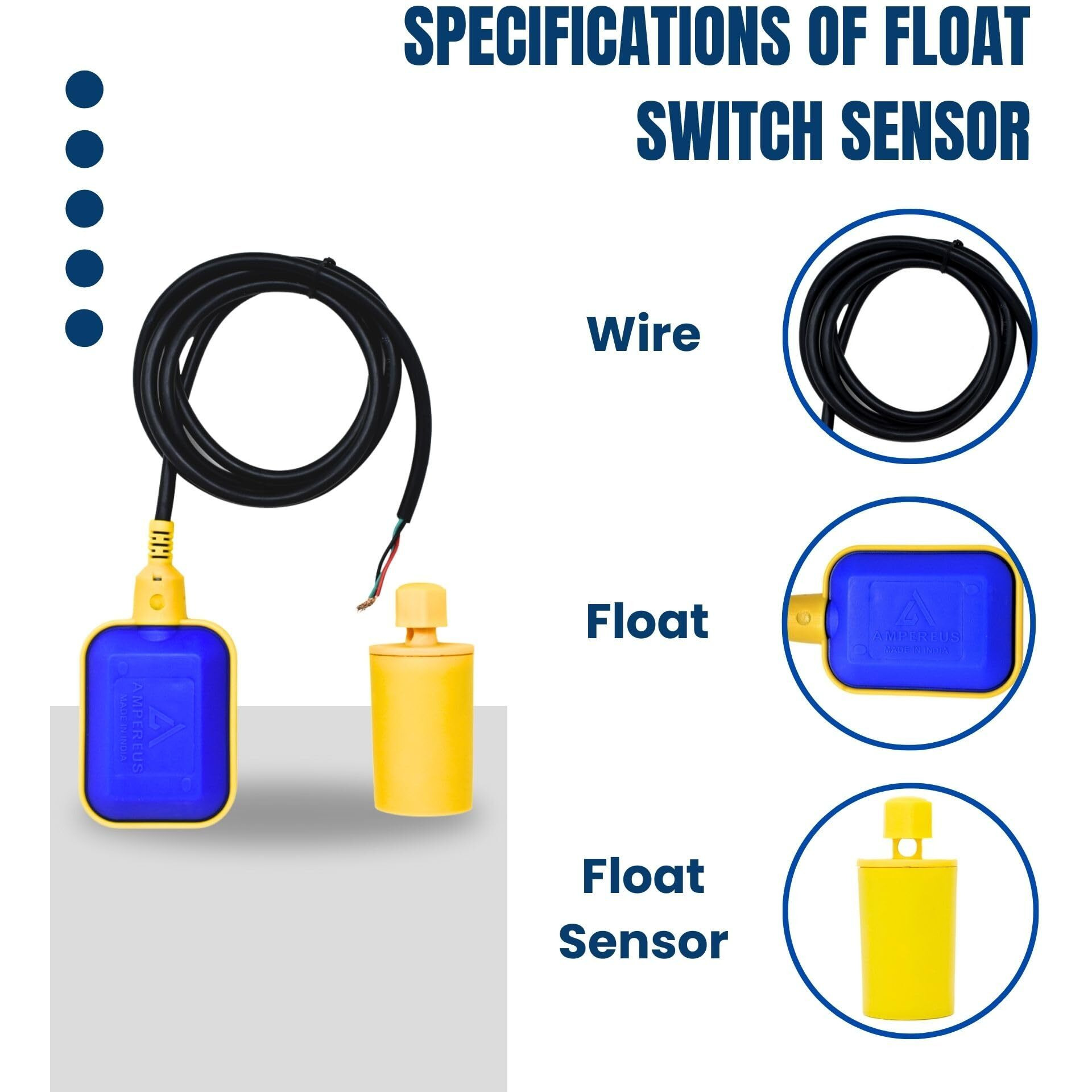 Ampereus Float Switch For Water Tank With 3 Meter Wire | Float Valve For Water Tank | Accurate Water Level Sensor & Flow Sensor | Reliable Tank Level Indicator (Pack Of 4)