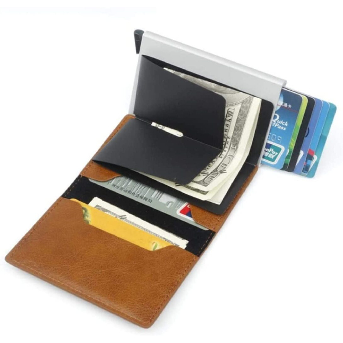 Vogard Men's Genuine Leather Wallet | Rfid Blocking Aluminum Automatic Pop Up Credit Card Holder Case | 8 Card Slots (24 Tan)