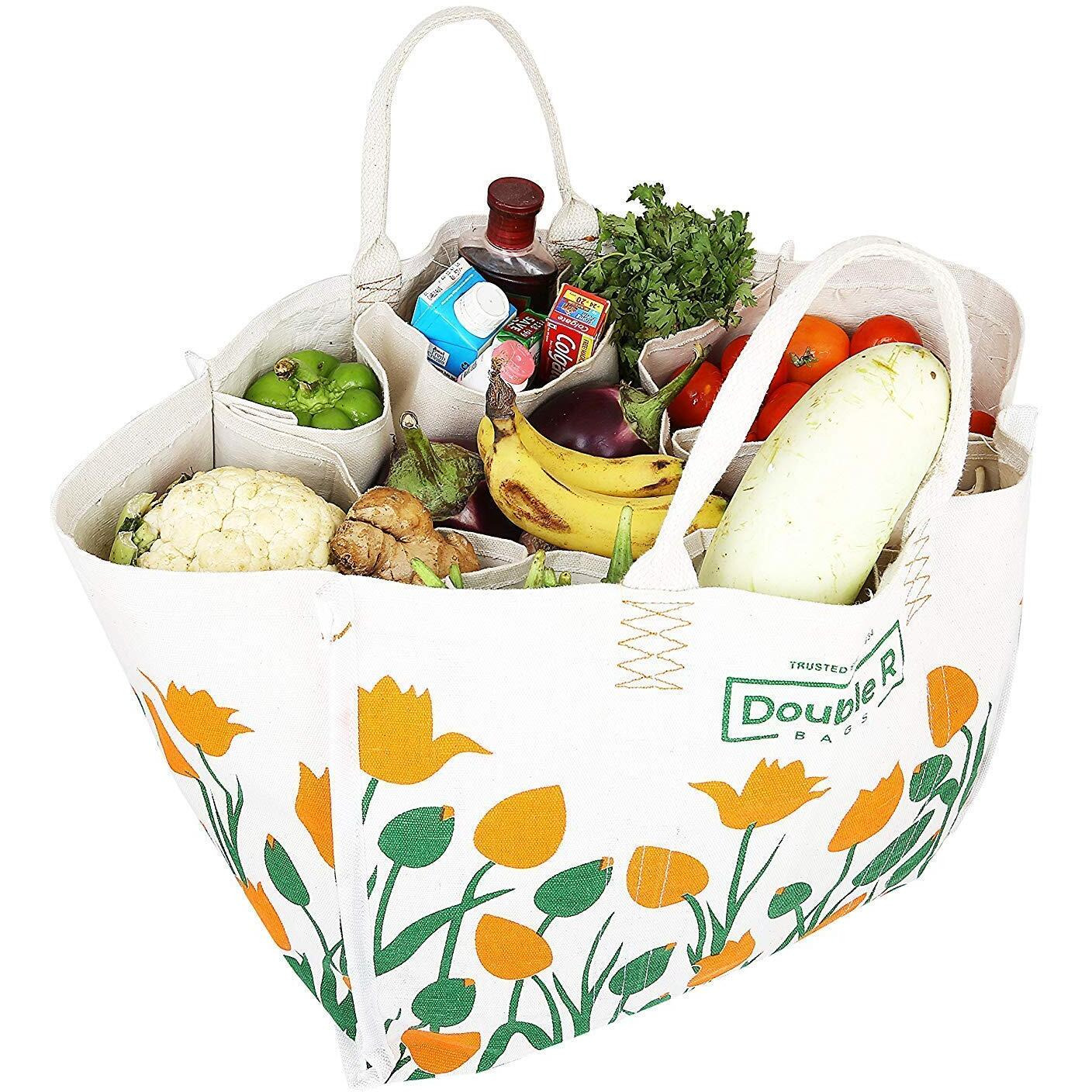 Double R Bags Large Reusable Heavy Duty Waterproof Shopping Carry Bags For Kitchen Essentials Grocery Vegetable Bag With Full Handles Best Gifting (18X11X14.50, Large) (Pack Of 3)