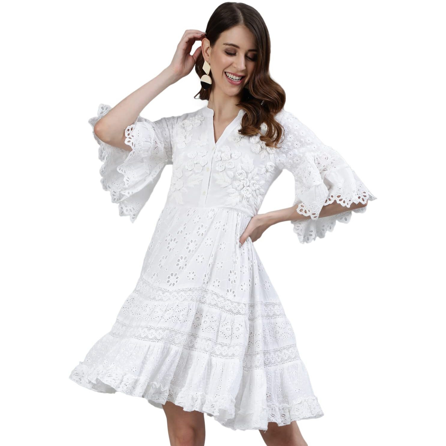 Ishin Women's Cotton Above Knee Lenght A-Line Indo Western Dress Dhtopknm-13023_S_White