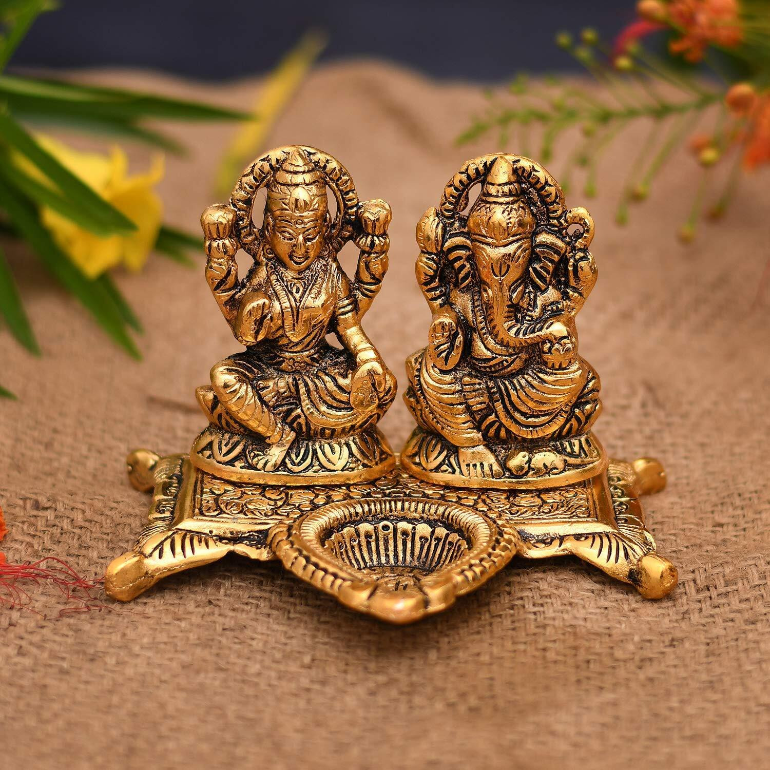 Collectible India Laxmi Ganesh Murti Idol Diya Puja Deepak - Metal Lakshmi Ganesh Statue - Diwali Home Decoration Items - Lakshmi Ganesh For Diwali Showpiece Oil Lamp Set Of 5