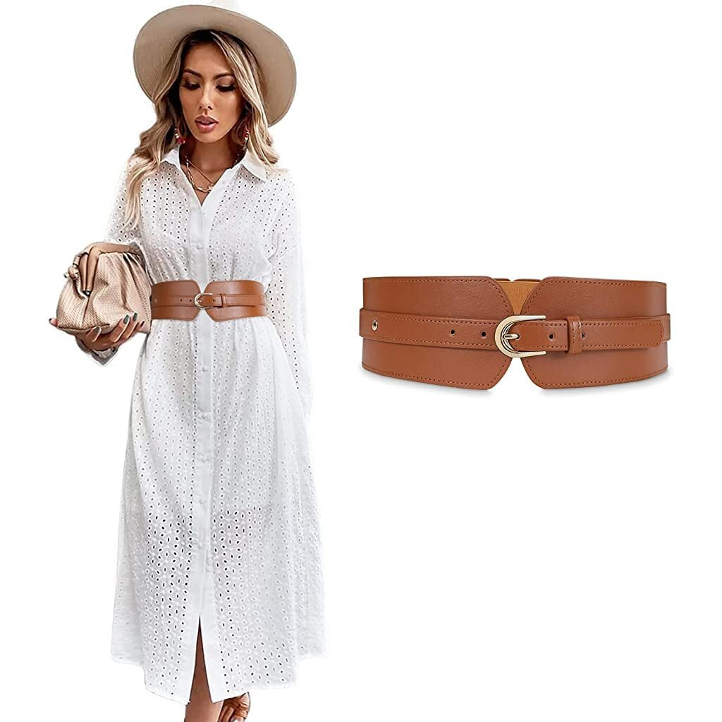 Palay Fashion Pu Width Belt,Women's Metal Buckle Design Belt Interlocking Buckle Vintage Blouse Blazer Dress Belt (Brown,23-33 Inches)