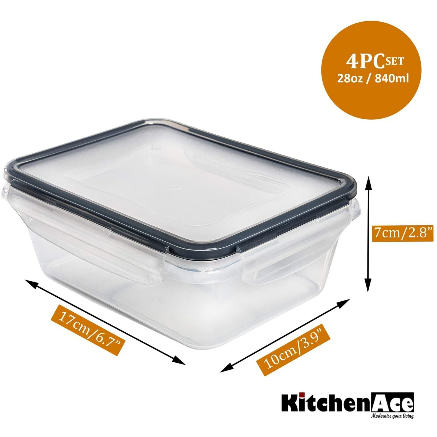 Kitchenace,Modernise Your Living, Plastic Container For Kitchen Storage Box, Fridge Storage Containers & Organisers Snap-Seal (4-Pc) 840Ml,Black