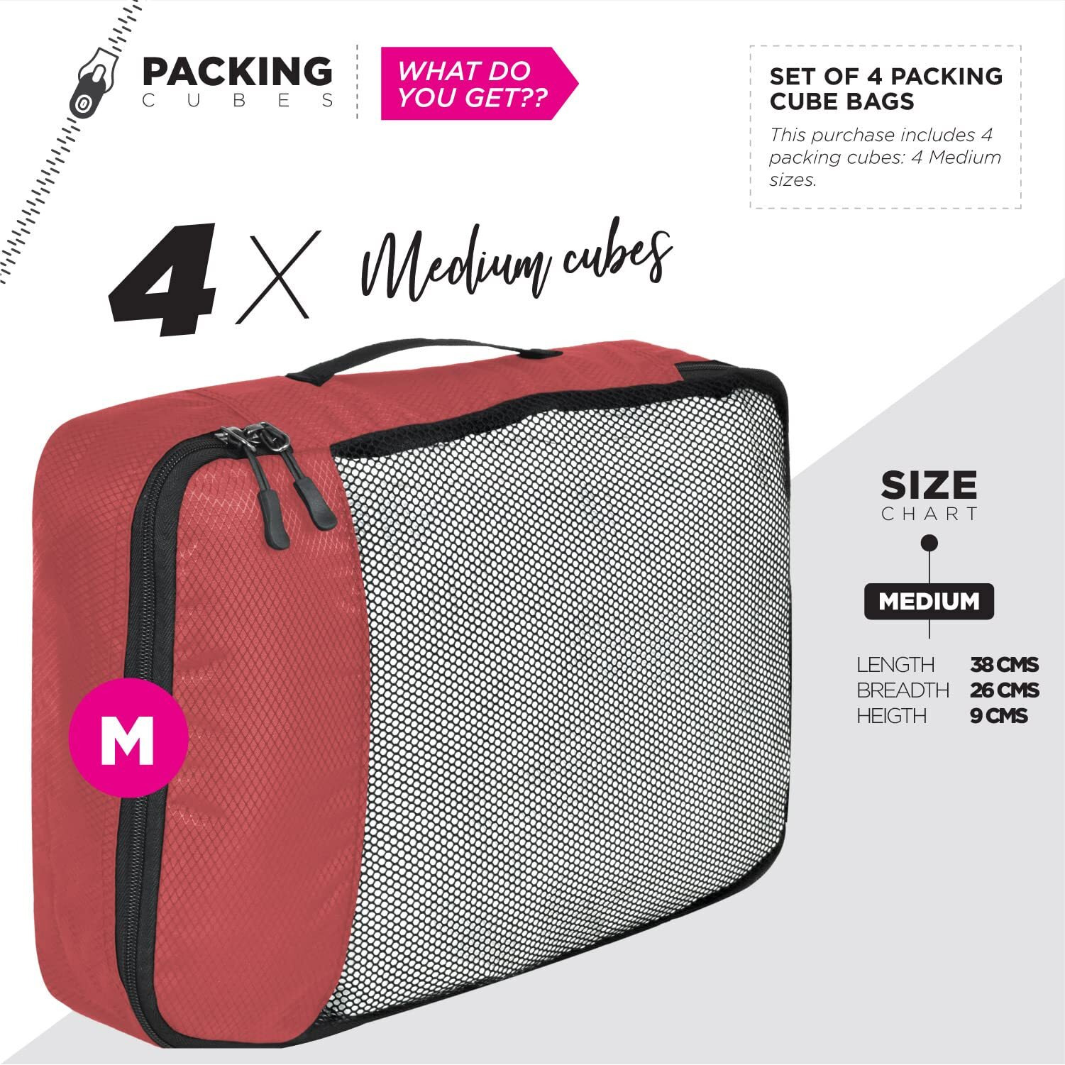 Fatmug Polyester Packing Cubes/Travel Pouch/Bag Suitcase Luggage Organiser Set Of 4-Medium Size (Red)
