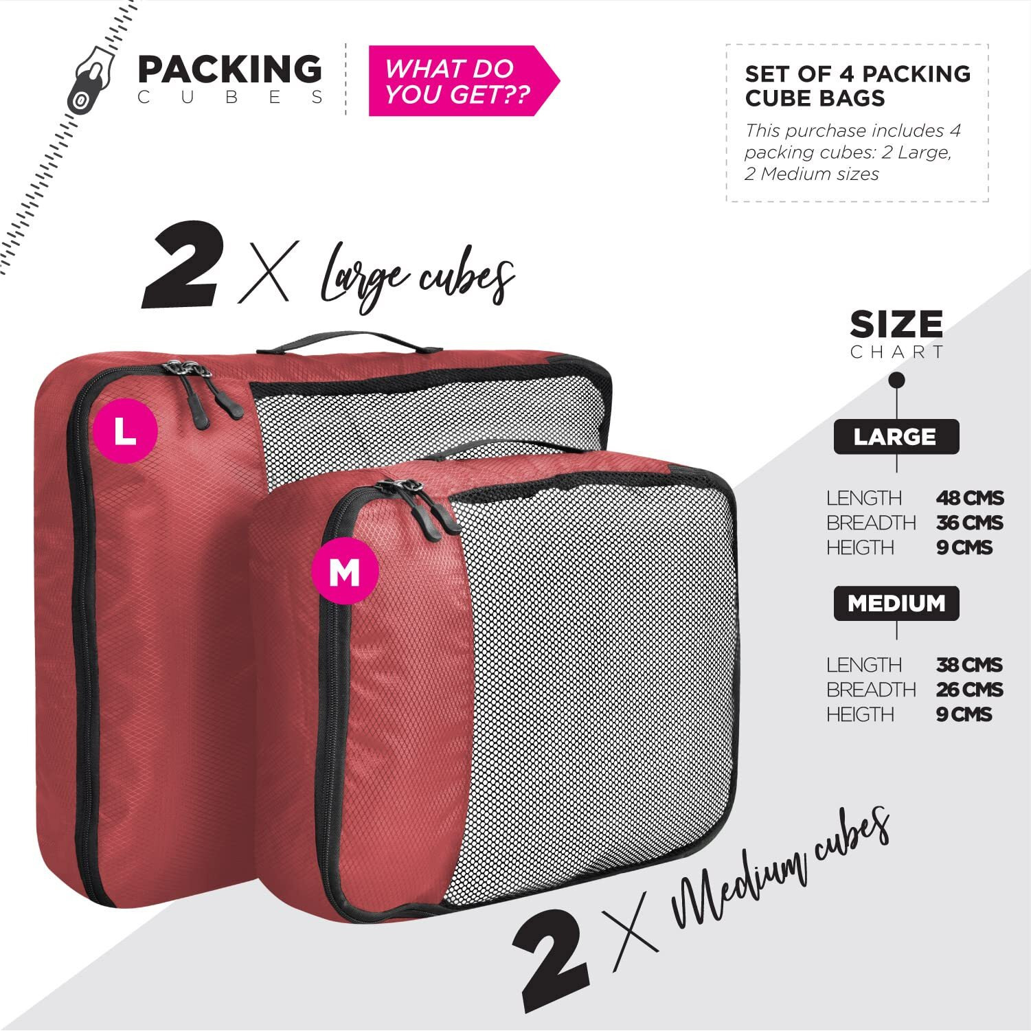 Fatmug Packing Cubes Travel Pouch Bag/Clothes Organiser Set Of 4(2 Large And 2 Medium) (Red)