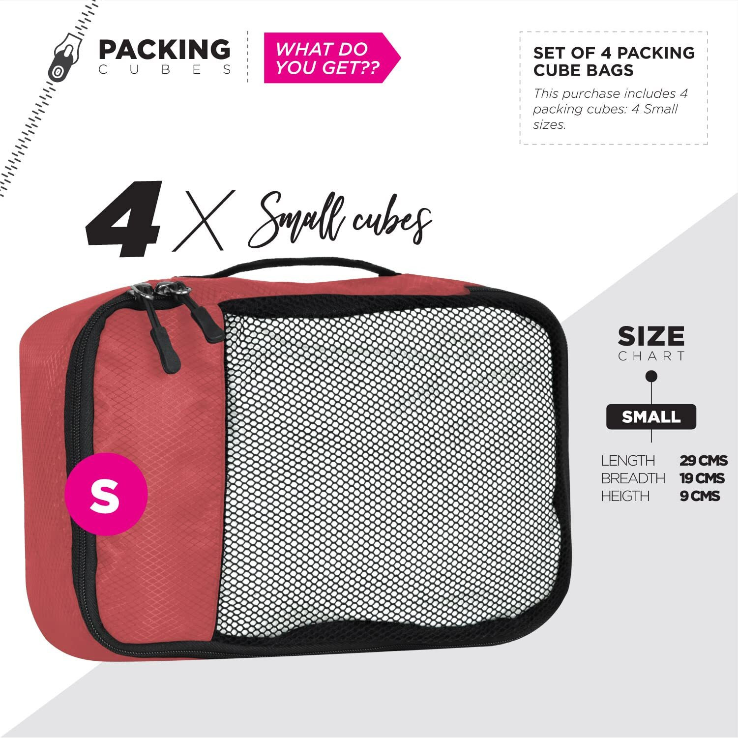 Fatmug Packing Cubes/Travel Pouch/Bagpack Suitcase Organiser Set Of 4 - Small Size (Red)