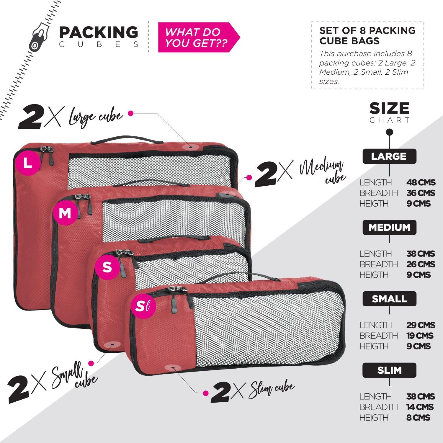 Fatmug Polyester Packing Cubes Travel Pouch Bag Organiser Set Of 8 (2 * Large-Medium-Small And Slim) (Red)