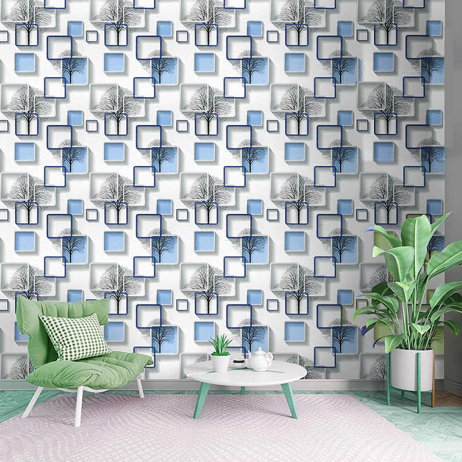 Wolpin Wall Stickers 3D Frames Pvc Wallpaper (45 Cm X 20 M) Diy Self Adhesive Decals For Home Decoration, Active Blue