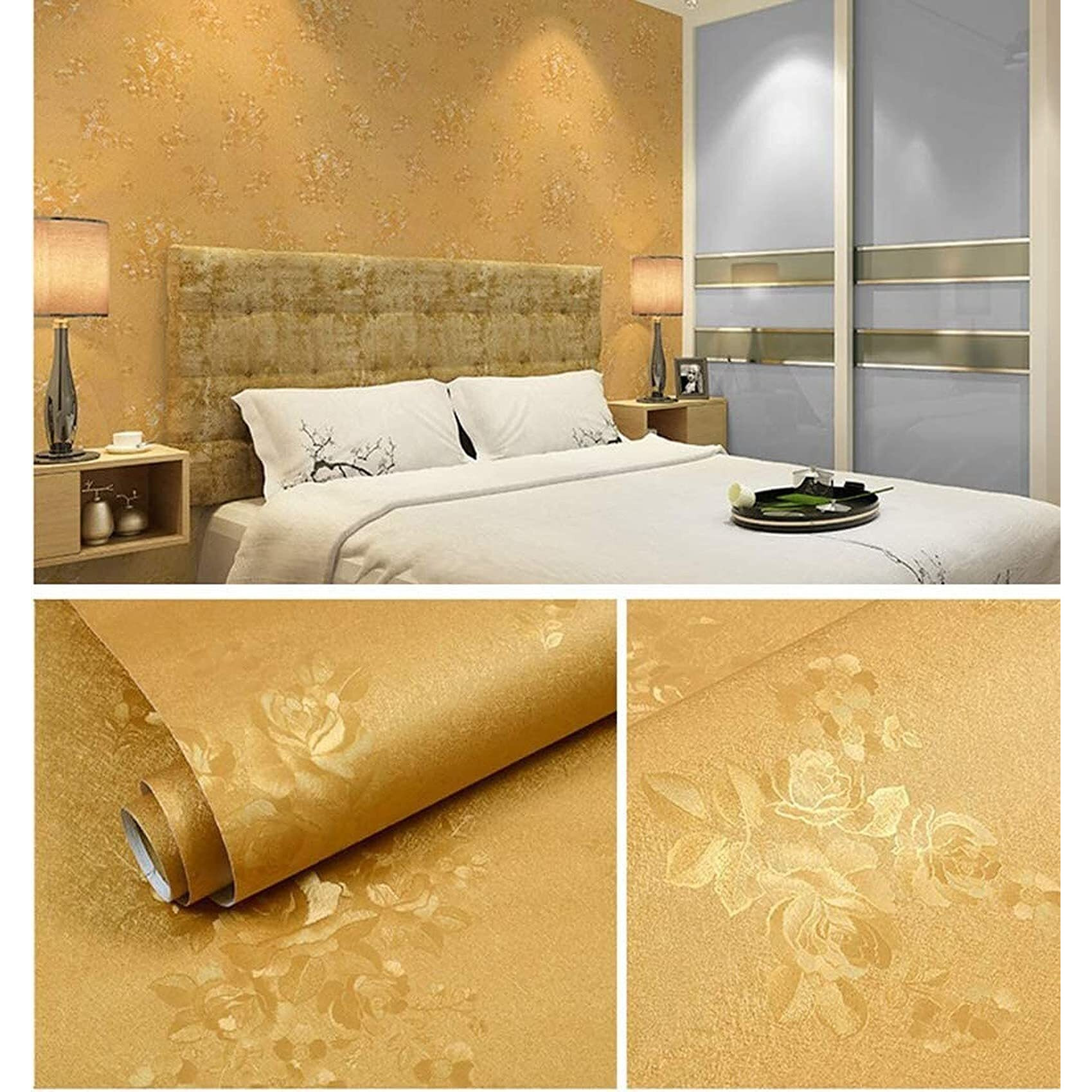 Wolpin Wall Stickers Wallpaper Embossed (45 X 600 Cm) Bedroom Textured Rose Flowers Diy Self-Adhesive Hall Decals Living Room, Golden Rose