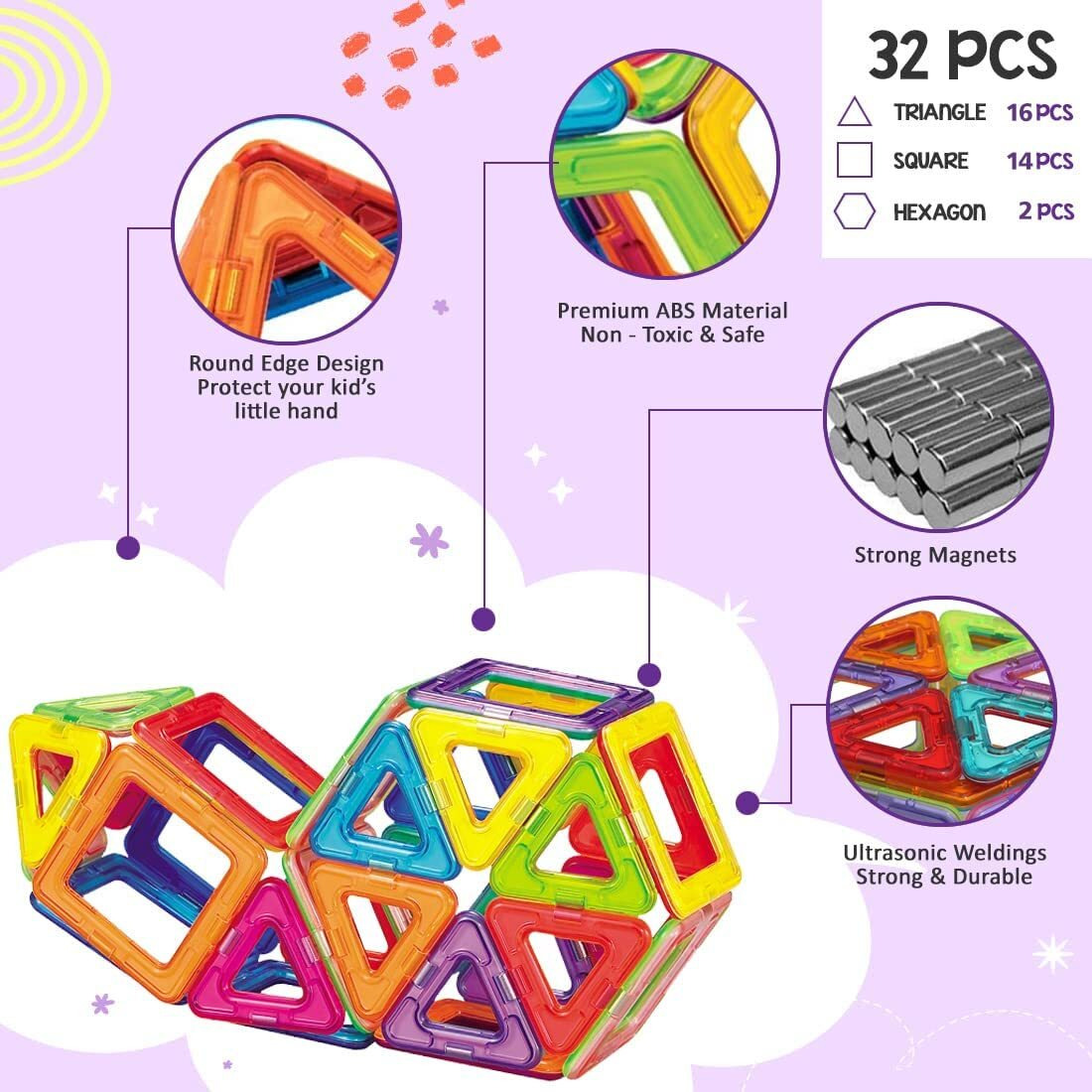 Wembley Magnetic Blocks For Kids Magnet Toys For Boys Girls Brain Development Learning Education Puzzle Game | Next-Generation Diy Stem Toys - 32 Pcs