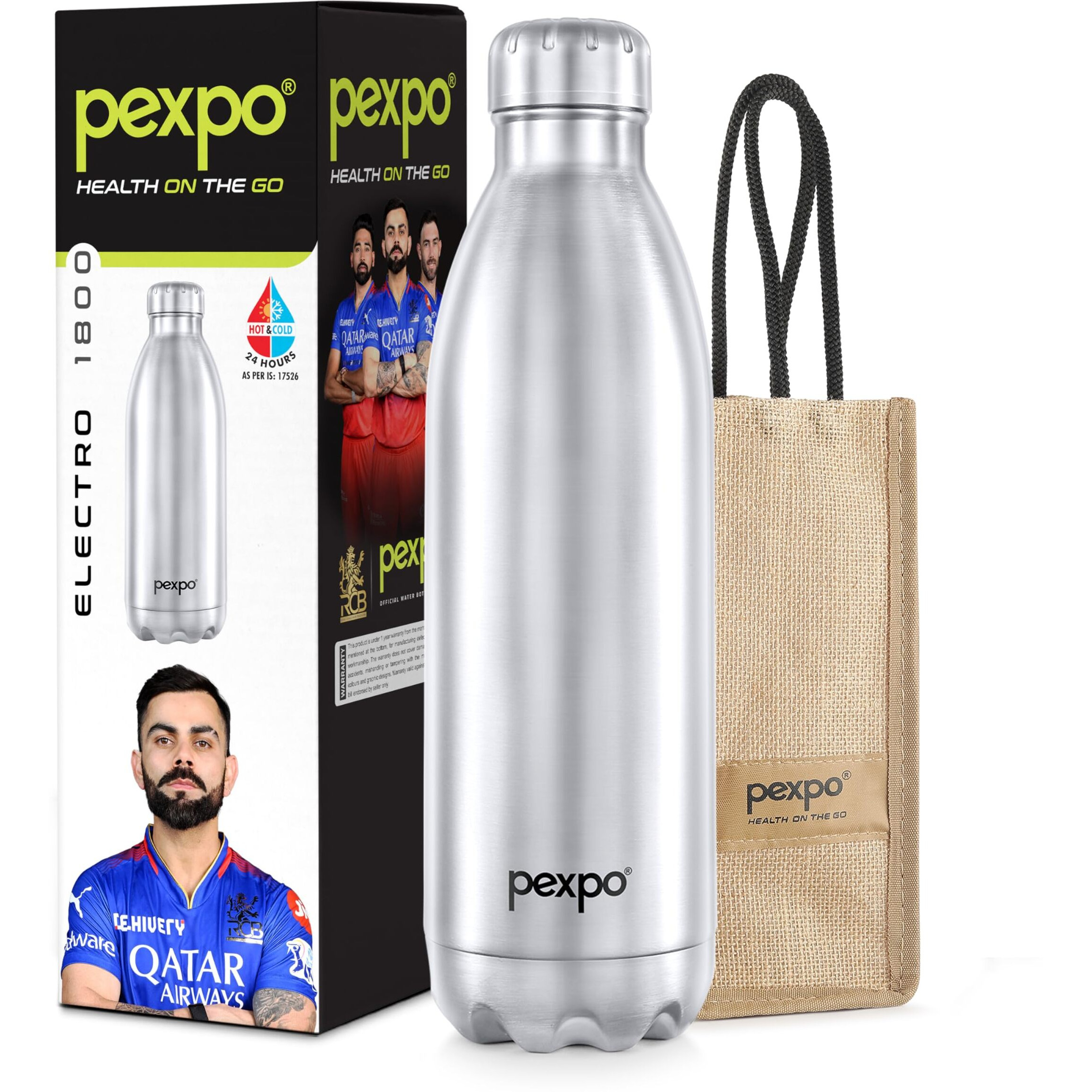 Pexpo Electro Pro Hot & Cold Isi Certified With Jute Bag | Stainless Steel Water Bottle - 1800Ml Silver | Thermoflask | Office Bottle | Workout | Travelling | Home | Rcb Edition