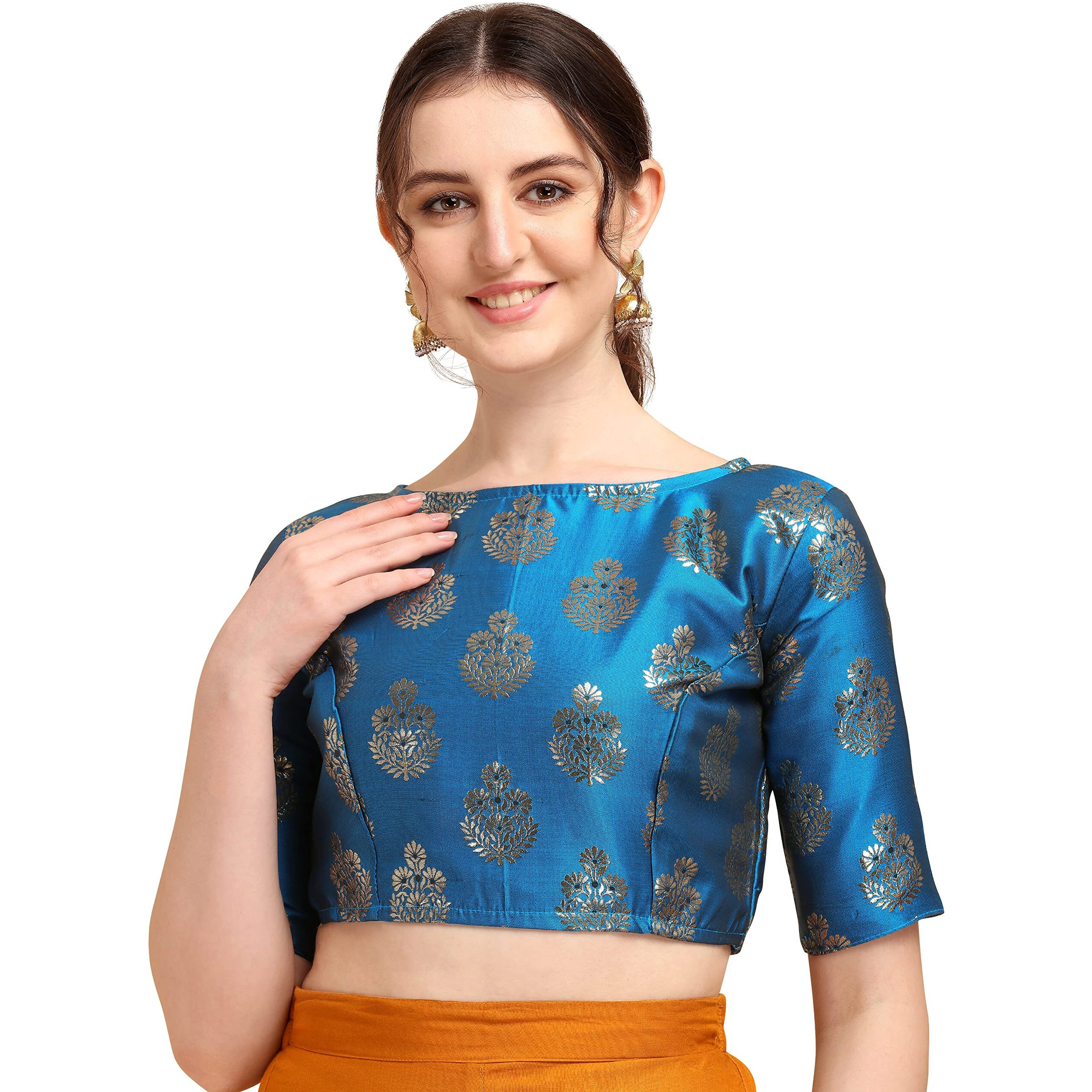 Oomph Women's Indian Ethnic Wear Designer Floral Pattern Zari Work Boat Neck Half Sleeve Readymade Non - Padded Blouse For Saree And Lehnga And Palazzos Or Skirts For A Fusion Twist.