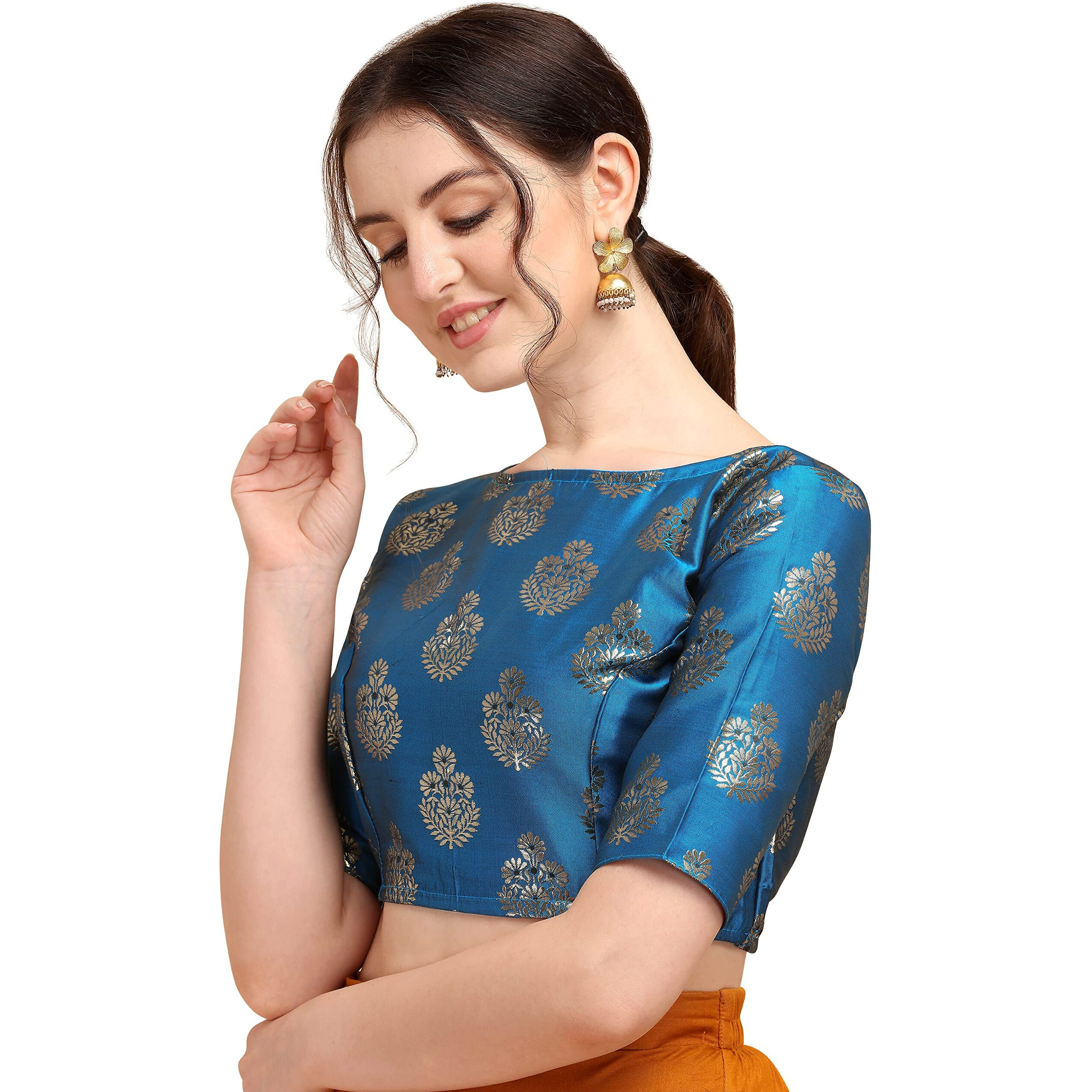 Oomph Women's Indian Ethnic Wear Designer Floral Pattern Zari Work Boat Neck Half Sleeve Readymade Non - Padded Blouse For Saree And Lehnga And Palazzos Or Skirts For A Fusion Twist.