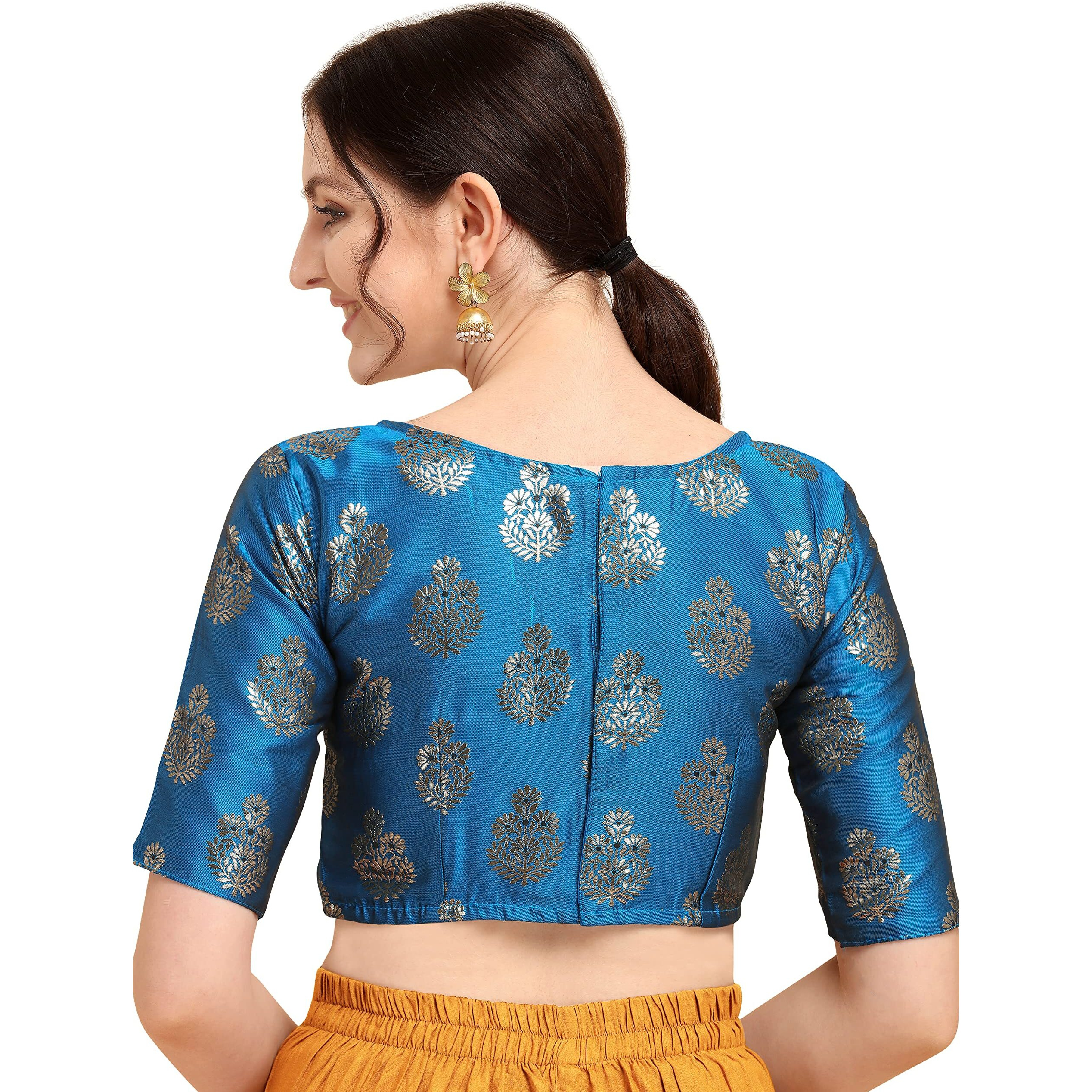 Oomph Women's Indian Ethnic Wear Designer Floral Pattern Zari Work Boat Neck Half Sleeve Readymade Non - Padded Blouse For Saree And Lehnga And Palazzos Or Skirts For A Fusion Twist.