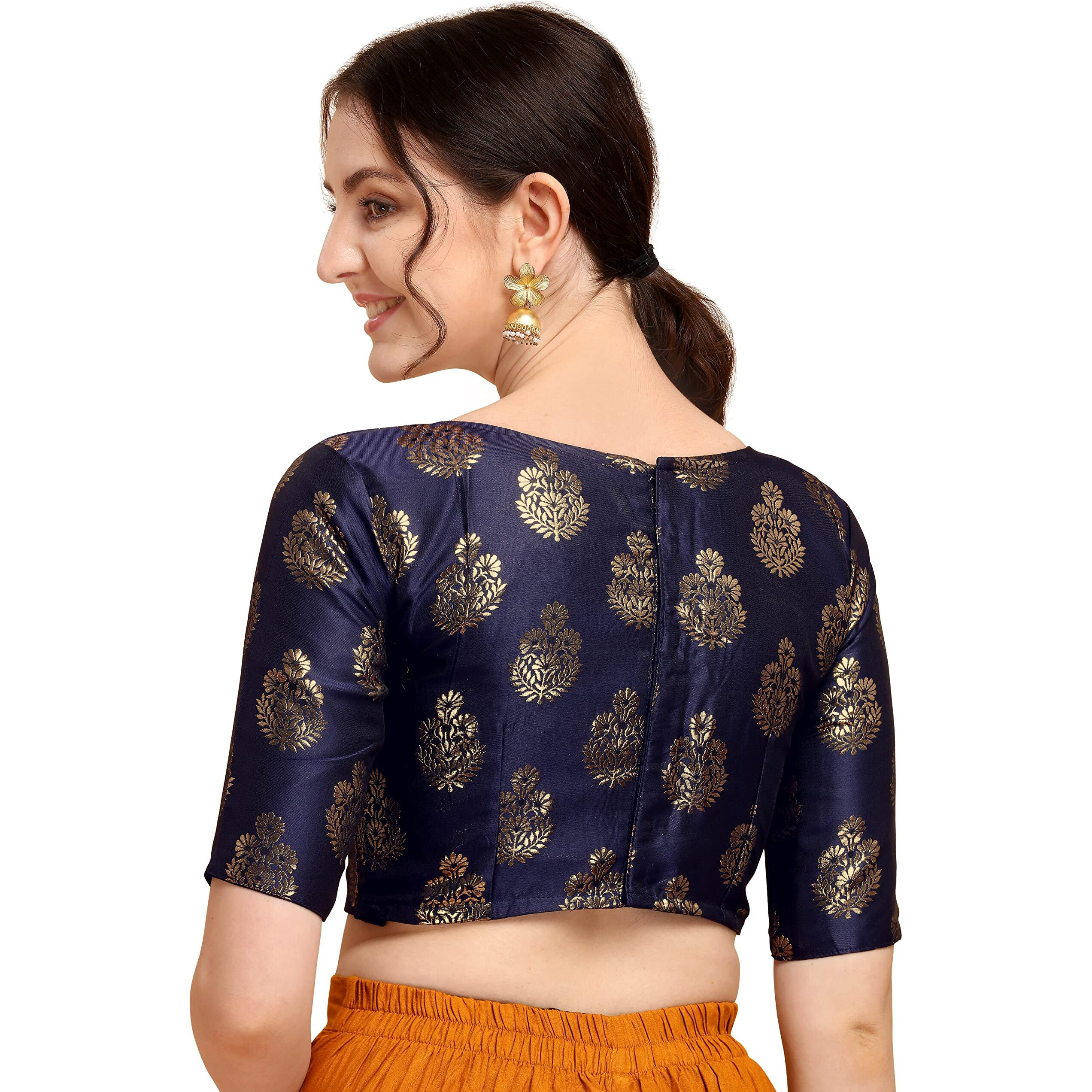 Oomph Women's Indian Ethnic Wear Designer Floral Pattern Zari Work Boat Neck Half Sleeve Readymade Non - Padded Blouse For Saree And Lehnga And Palazzos Or Skirts For A Fusion Twist.