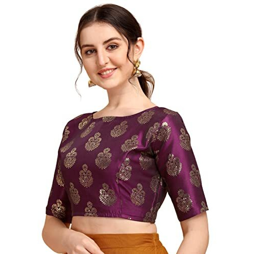 Oomph Women's Indian Ethnic Wear Designer Floral Pattern Zari Work Boat Neck Half Sleeve Readymade Non - Padded Blouse For Saree And Lehnga And Palazzos Or Skirts For A Fusion Twist.