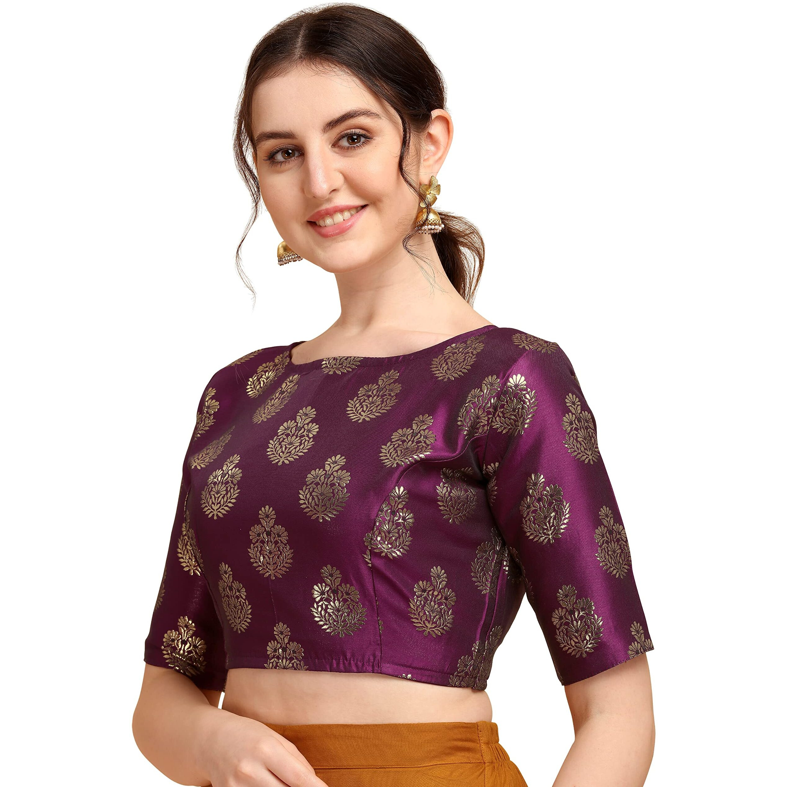 Oomph Women's Indian Ethnic Wear Designer Floral Pattern Zari Work Boat Neck Half Sleeve Readymade Non - Padded Blouse For Saree And Lehnga And Palazzos Or Skirts For A Fusion Twist.
