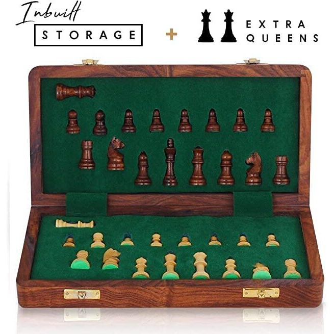 Bcbestchess Limited Edition Wooden Handcrafted Folding Magnetic Chess Board With Extra Queens For Kid, Adult (18 X18 Inches)