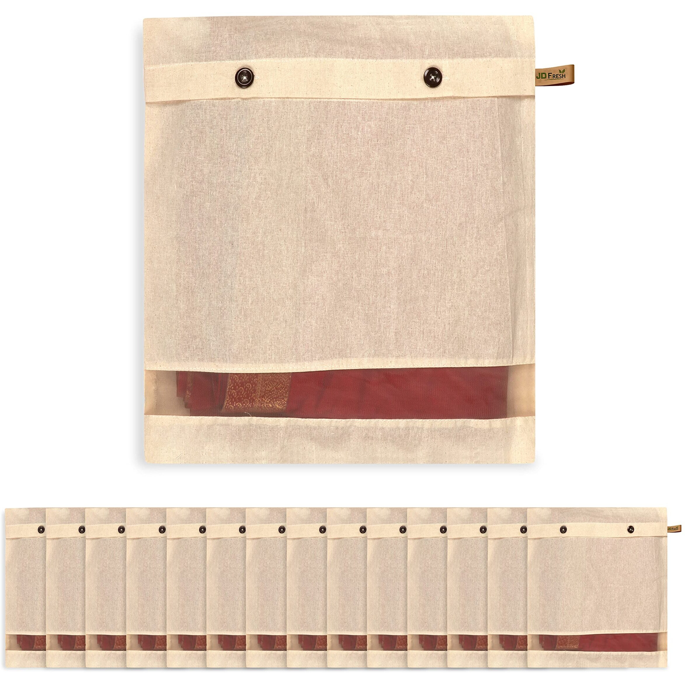 Jd Fresh 15 Pcs Cotton Saree Covers/Storage Bags With Zip/Space Saving Bag With Mesh Window/Wardrobe-Cupboard Organizer/Holds 2 To 3 Sarees Each/Saree Organizer For Travelling(14 X 16 Inch/Brown)