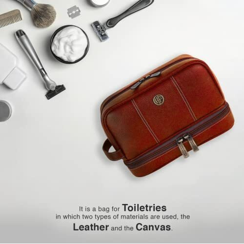 Hammonds Flycatcher 11 Cms Genuine Leather Toiletry Bag For Men, Tan Dopp Kit, Travel Accessory- Toiletry Kit, Large Shaving Kit Bag, Grooming Kit Organizer, Hand Stitched Vanity Case