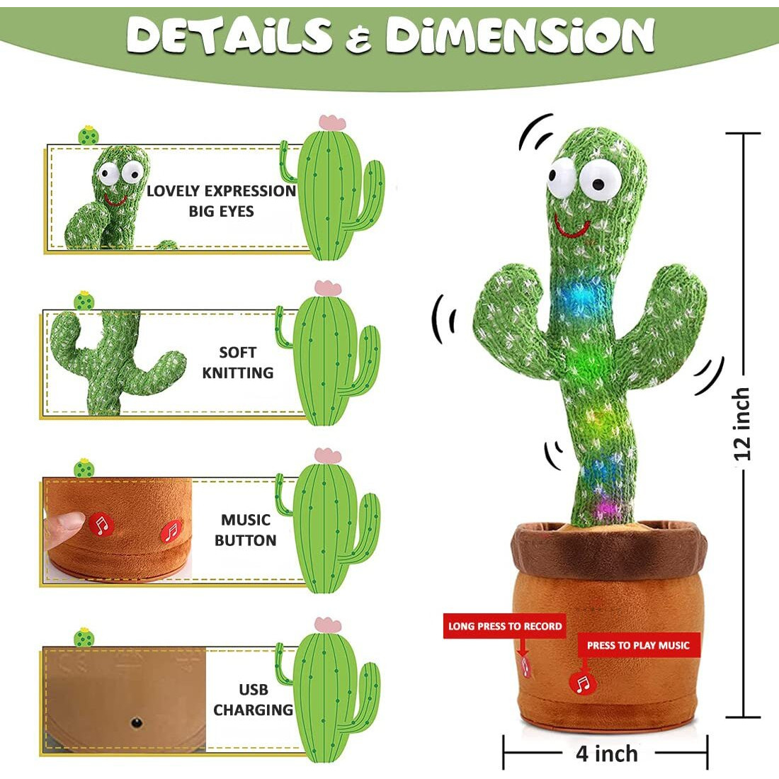 Wembley Toys Talking Cactus For Kids Dancing Cactus Toys Can Sing Wriggle & Singing Recording Repeat What You Say Funny Education Toys Playing Home Decor Items For Kids,Green