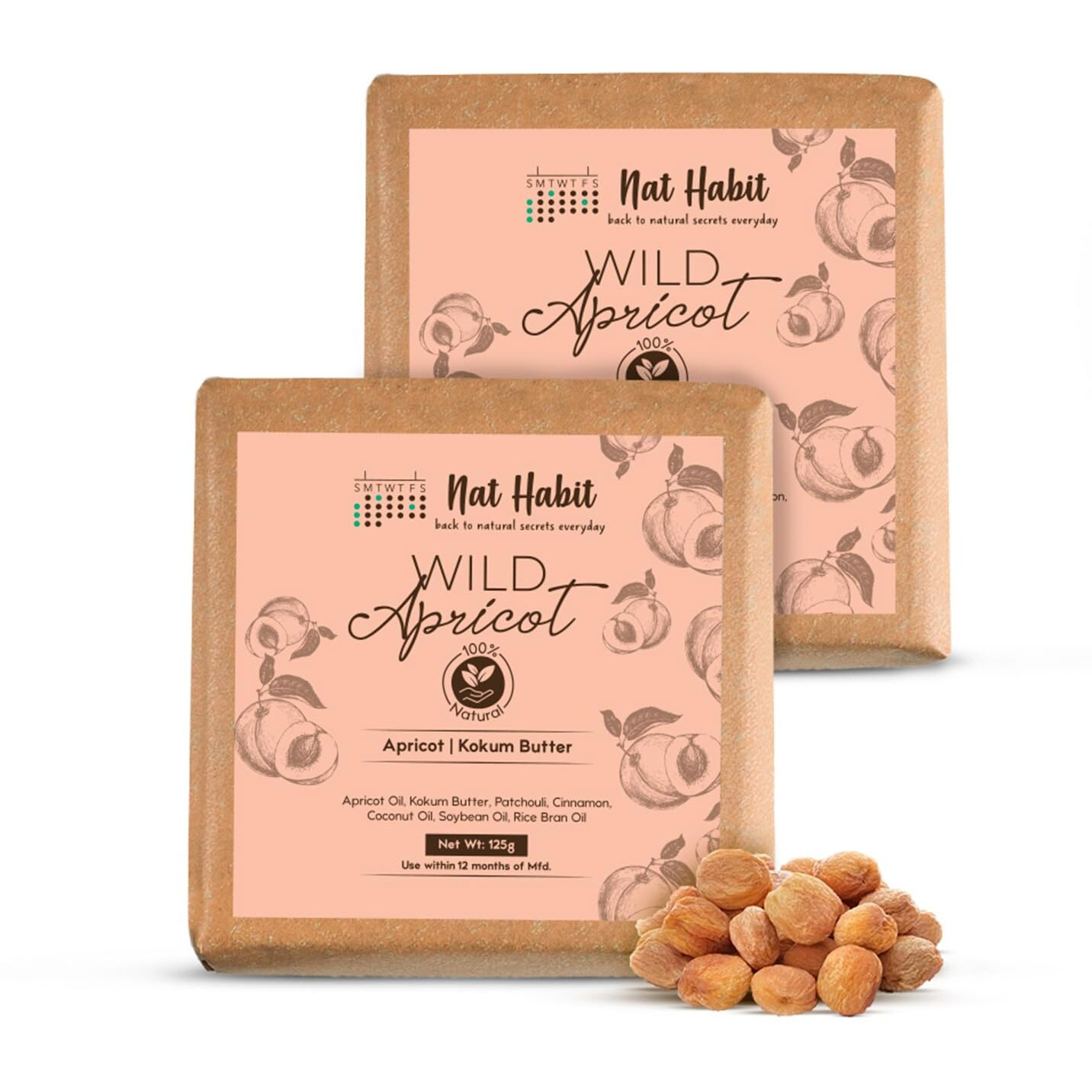 Nat Habit Wild Apricot Bath Soap Enriched With Vitamins C, Made With Cold Processed For Skin Brightening,Cleansing & Removing Taning (Pack Of 2 X 125 Gm)