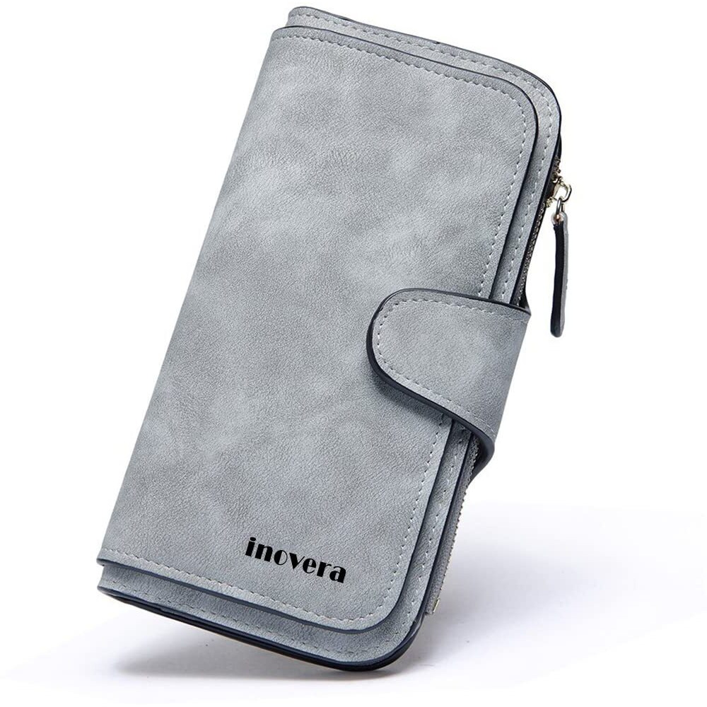 Inovera (Label) Grey Vegan Leather Women's Tri-Fold Women Fashion Card Coin Holder Ladies Long Purse Clutch Wallet (Kk24)