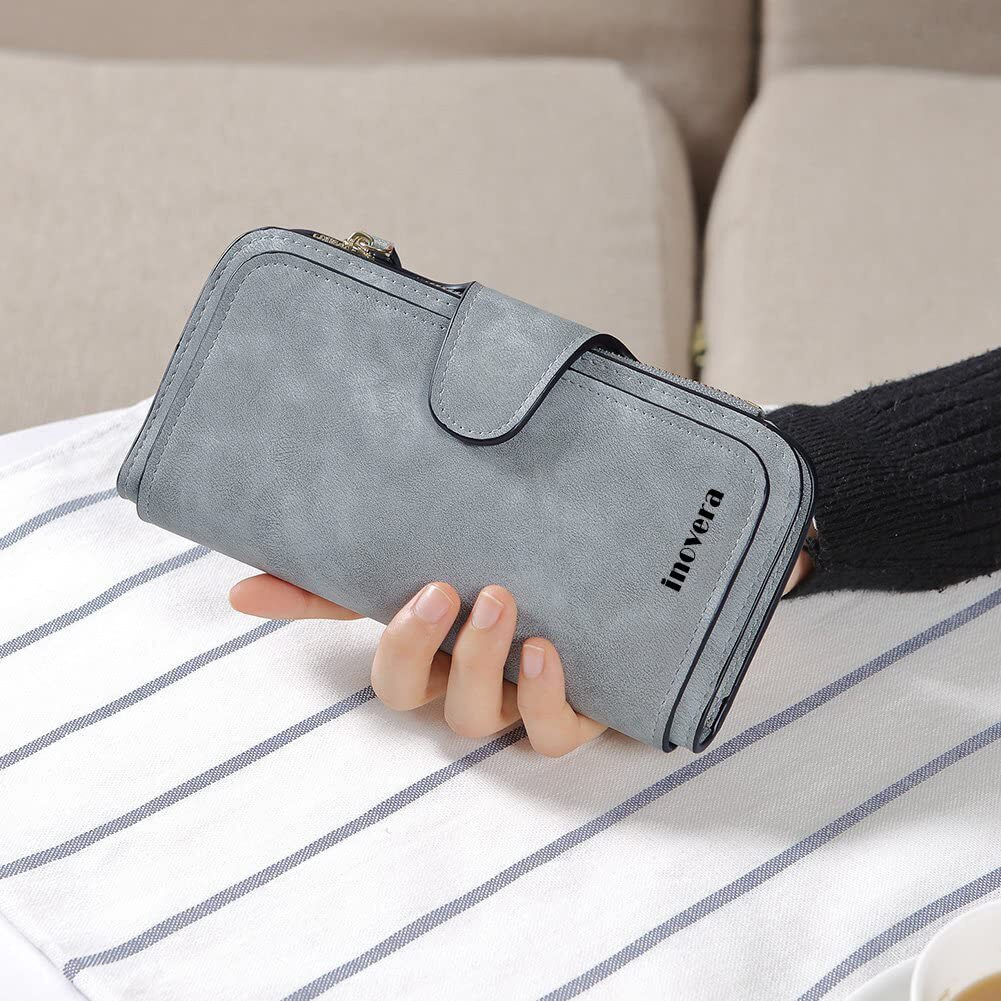 Inovera (Label) Grey Vegan Leather Women's Tri-Fold Women Fashion Card Coin Holder Ladies Long Purse Clutch Wallet (Kk24)