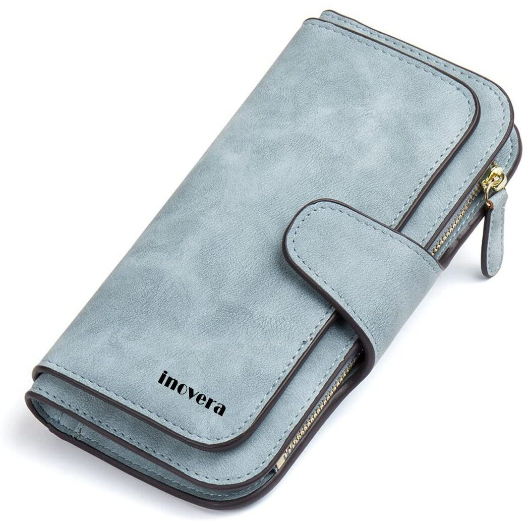 Inovera (Label) Light Blue Leather Women's Tri-Fold Women Fashion Card Coin Holder Ladies Long Purse Clutch Wallet (Kk24)